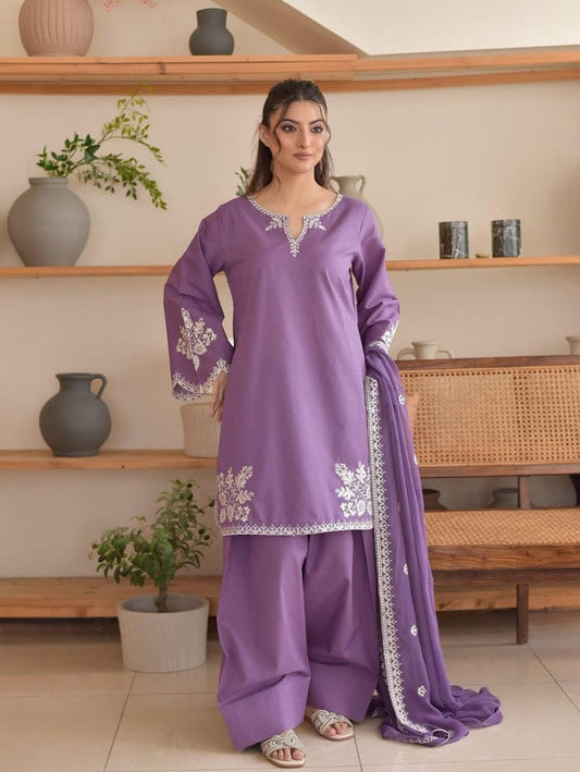 Elegant Lavender Embroidered 3-Piece Suit for Women 💜